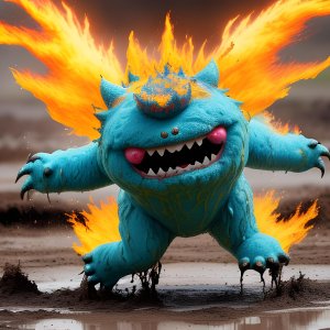 a_fluffy_cute_monster_jumping_in_wet_mud_colorful_on_fire__sunny__S30137630_St25_G7.5.jpeg